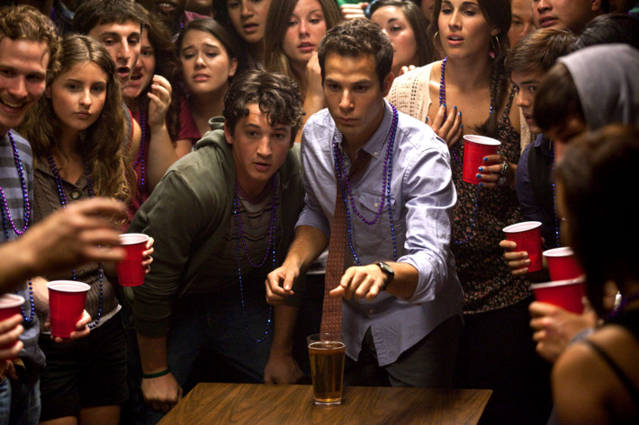 (Center left to right.) Myles Teller and Skylar Astin star in Relativity Media's "21 & Over".