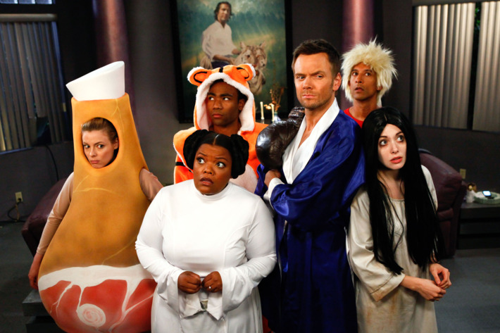 COMMUNITY -- Episode 403 -- Pictured: (l-r) Gillian Jacobs as Britta, Yvette Nicole Brown as Shirley, Donald Glover as Troy, Joel McHale as Jeff Winger, Alison Brie as Annie
