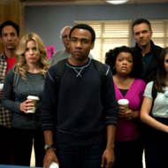 COMMUNITY -- "Alternative History of the German Invasion" Episode 402 -- Pictured: (l-r) Danny Pudi as Abed, Gillian Jacobs as Britta, Chevy Chase as Pierce, Donald Glover as Troy, Yvette Nicole Brown as Shirley, Joel McHale as Jeff Winger, Alison Brie as Annie