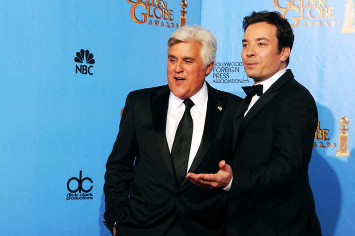 TV personalities Jay Leno (R) and Jimmy Fallon pose in the press room during the 70th Annual Golden Globe Awards held at The Beverly Hilton Hotel on January 13, 2013 in Beverly Hills, California.