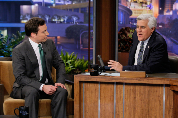 THE TONIGHT SHOW WITH JAY LENO -- Episode 4216 -- Pictured: (l-r) Talk show host Jimmy Fallon during an interview with host Jay Leno on March 16, 2012.