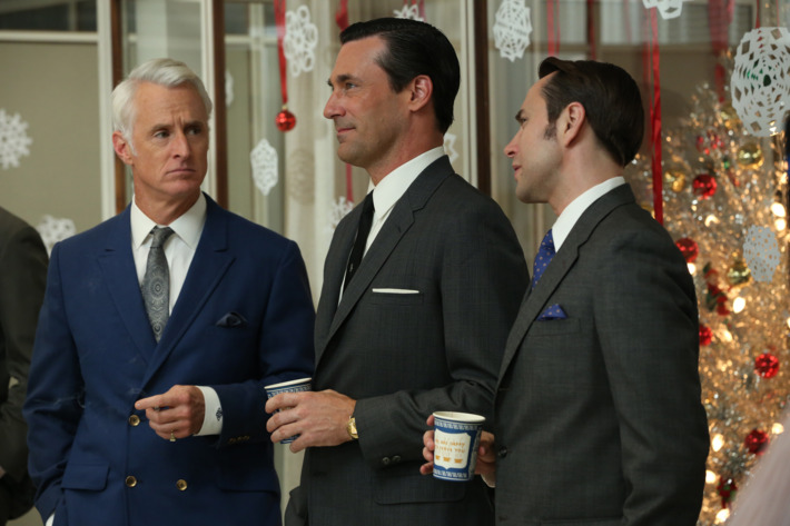 Roger Sterling (John Slattery), Don Draper (Jon Hamm) and Pete Campbell (Vincent Kartheiser) - Mad Men - Season 6, Episode 1 - Photo Credit: Michael Yarish/AMC