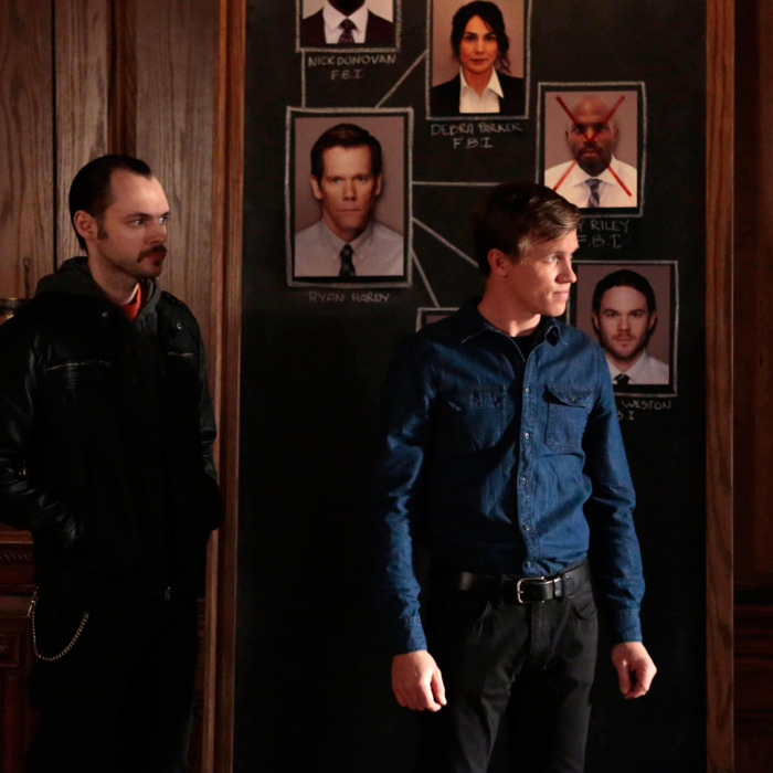 THE FOLLOWING: Followers Vince (guest star Christopher Denham, L) and Roderick (guest star Warren Kole, R) come up with a plan in the