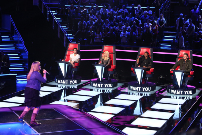 THE VOICE -- "Blind Auditions" Episode 403 -- Pictured: (l-r) Holly Tucker, Adam Levine, Shakira, Usher, Blake Shelton -- (Photo by: Adam Taylor/NBC)