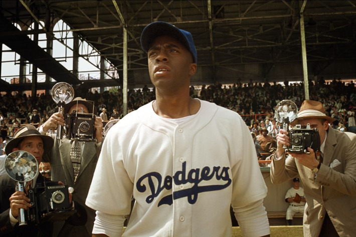 CHADWICK BOSEMAN as Jackie Robinson in Warner Bros. Pictures’ and Legendary Pictures’ drama “42,” a Warner Bros. Pictures release.