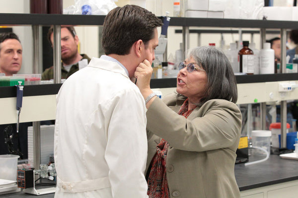 THE OFFICE -- "Paper Airplane" Episode 920 -- Pictured: (l-r) Ed Helms as Andy Bernard, Roseanne Barr as Carla Fern -- (Photo by: Chris Haston/NBC)