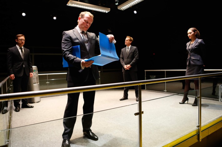 Sam Troughton, Neil Stuke, Adam James, and Eleanor Matsuura in BULL, part of Brits Off Broadway at 59E59 Theaters. Photo by Carol Rosegg