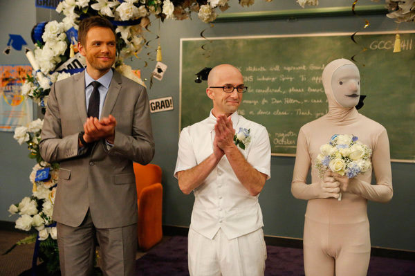 COMMUNITY -- "Advanced Intro To Finality" Episode 411 -- Pictured: (l-r) Joel McHale as Jeff Winger, Jim Rash as Dean Pelton -- (Photo by: Vivian Zink/NBC)