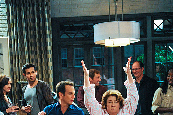 "Pilot" -- CBS's new comedy THE MILLERS stars Will Arnett (center) as Nathan Miller, a recently divorced local roving news reporter looking forward to living the singles' life until his parents' marital problems unexpectedly derail his plans. Margo Martindale portrays his meddlesome mother, Carol, who decides to move in with him. In this scene, Carol sleepwalks her way into Nathan's party and shares a dance with him. THE MILLERS will premiere this Fall, Thursdays (8:30-9:00 PM ET/PT) on the CBS Television Network.
