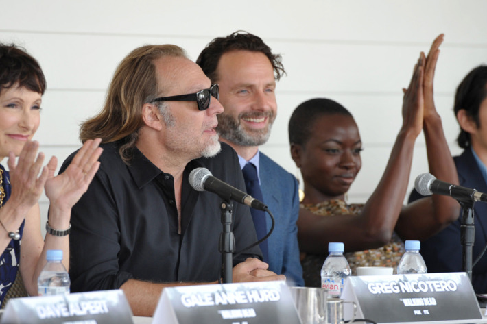 From left, executive producers Gale Anne Hurd, David Alpert, and cast members Andrew Lincoln and Danai Gurira attend the Fox International press breakfast for 'The Walking Dead', on Friday, July 19, 2013 in San Diego, Calif.