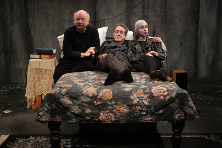 Wallace Shawn, Larry Pine, and Deborah Eisenberg in The Designated Mourner, written by Wallace Shawn and directed by Andr? Gregory, a co-production with Theatre for a New Audience, running through August 25 at The Public Theater at Astor Place. Photo credit: Joan Marcus.