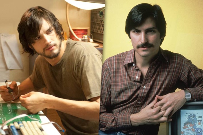Left: Ashton Kutcher in "Jobs" by Open Road Films, right: Steve Jobs in 1981 with an Apple II.