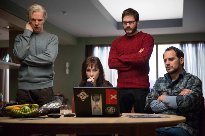 Left to right: Benedict Cumberbatch (Julian Assange), Carice van Houten (Birgitta J?nsd?ttir), Daniel Br?hl (Daniel Domscheit-Berg) and Moritz Bleibtreu (Marcus) star in DreamWorks Pictures’ “The Fifth Estate.” A dramatic thriller based on true events, “The Fifth Estate” reveals the quest to expose the deceptions and corruptions of power that turned an Internet upstart into the 21st century’s most fiercely debated organization.