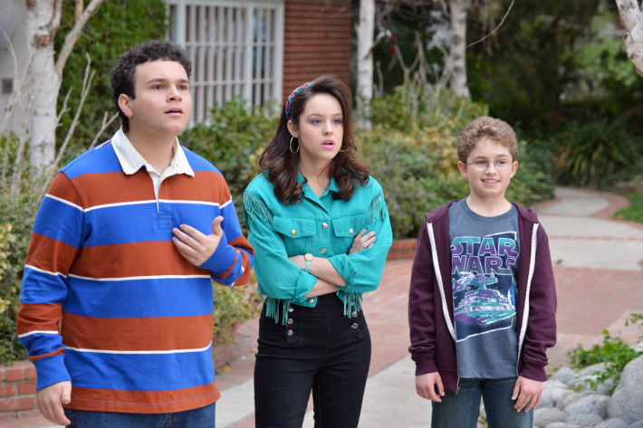 THE GOLDBERGS - "The Goldbergs" stars Wendi McLendon-Covey ("Bridesmaids") as Beverly Goldberg, Patton Oswalt ("Ratatouille") as adult Adam Goldberg, Sean Giambrone as Adam Goldberg, Troy Gentile ("Good Luck Chuck") as Barry Goldberg, Hayley Orrantia ("The X Factor") as Erica Goldberg, with George Segal ("Don't Shoot Me") as Pops Solomon and Jeff Garlin ("Curb Your Enthusiasm") as Murray Goldberg. "The Goldbergs" was written and executive-produced by Adam F. Goldberg ("Breaking In," "Fanboys") and also executive-produced by Doug Robinson and Seth Gordon. The pilot was directed by Seth Gordon ("Identity Thief," "Horrible Bosses"). "The Goldbergs" is from Adam Sandler's production company, Happy Madison, and is produced by Sony Pictures Television. (ABC/Eric McCandless)TROY GENTILE, HAYLEY ORRANTIA, SEAN GIAMBRONE