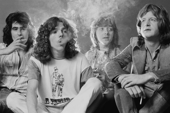 British rock group Badfinger, September 1973. Left to right: bassist Tom Evans, drummer Mike Gibbins, guitarist Joey Molland and singer/guitarist Pete Ham (1947 - 1975). (Photo by Michael Putland/Getty Images)