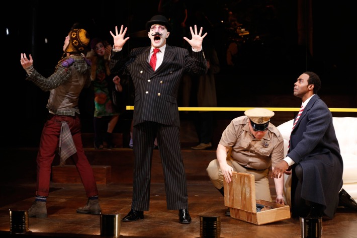 Ephraim Birney, Taylor Mac, Darryl Winslow, and Clifton Duncan in The Foundry Theatre's production of Good Person of Szechwan, with a translation by John Willett and directed by Lear deBessonet, running at The Public Theater at Astor Place