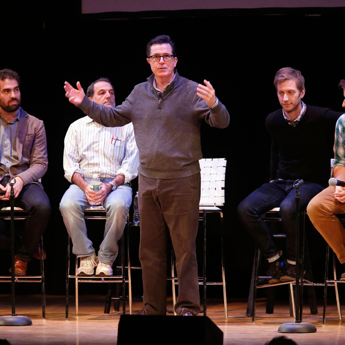NEW YORK, NY - NOVEMBER 07: Comedian/media personality Stephen Colbert speaks on stage with a panel of writers from the