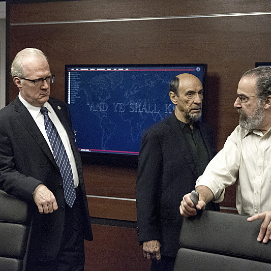 Tracy Letts as Senator Lockhart, F. Murray Abraham as Dar Adal and Mandy Patinkin as Saul Berenson in Homeland