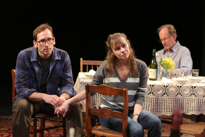 Stephen Kunken, Sally Murphy, and Jon DeVries in Regular Singing, written and directed by Richard Nelson, running at The Public Theater in repertory with The Apple Family Plays. Photo credit: Joan Marcus.