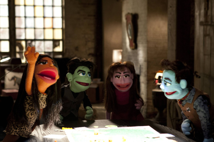GLEE: L-R: "Santana", "Elliot", "Rachel" and " Kurt"perform in the "Puppet Master" episode of GLEE airing Thursday, Nov. 28 (9:00-10:00 PM ET/PT) on FOX. ?2013 Fox Broadcasting Co. CR: Adam Rose/FOX