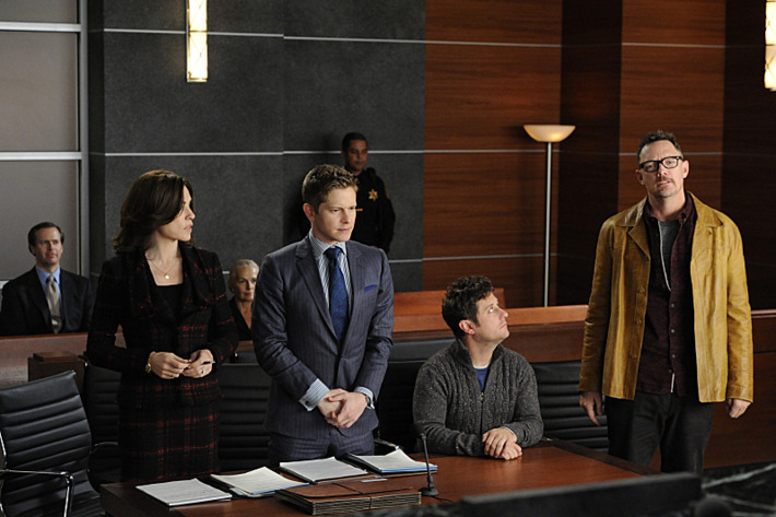 "Goliath and David"--Alicia represents a band suing a TV show for copyright infringement, but the simple case becomes psychological warfare when Will joins the opposing council and uses his knowledge of Alicia????s strengths and weaknesses against her. Also, Eli hires Kalinda in an attempt to get ahead of a potential scandal, on THE GOOD WIFE, Sunday, Jan 5 (9:00-10:00 PM, ET/PT) on the CBS Television Network Pictured L-R: Julianna Margulies as Alicia Florrick, Matt Czuchry as Cary Agos, Christopher Fitzgerald as Marshal, and Matthew Lillard as Rowby Photo: David M. Russell ???2013 CBS Broadcasting, Inc. All Rights Reserved