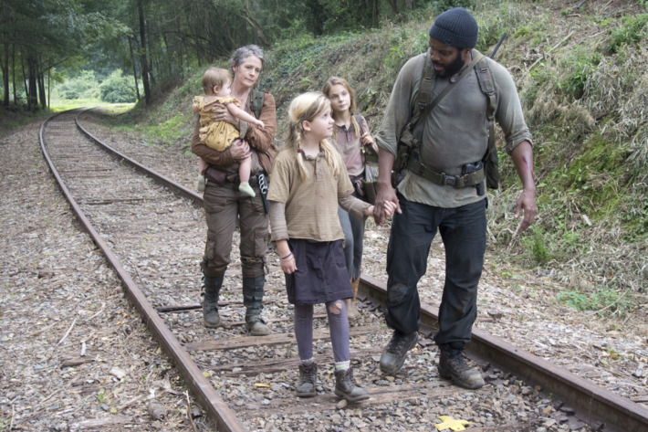 Carol (Melissa Suzanne McBride), Penny (Kylie Szymanski), Lizzie (Brighton Sharbino) and Tyreese (Chad Coleman) - The Walking Dead _ Season 4, Episode 10 - Photo Credit: Gene Page/AMC