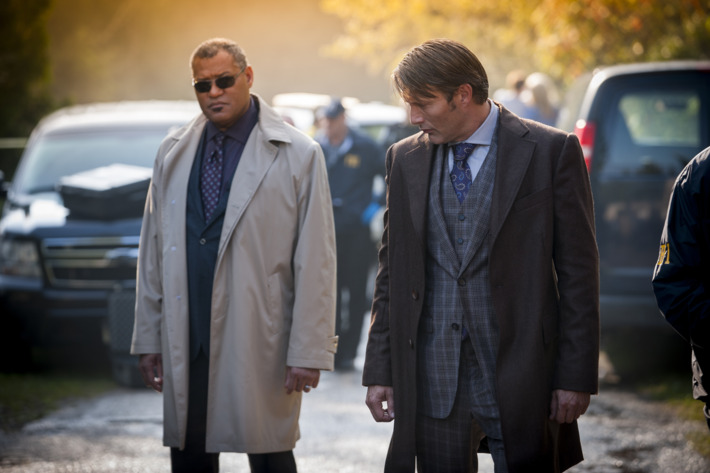 HANNIBAL -- "Kaiseki" Episode 201 -- Pictured: (l-r) Laurence Fishburne as Jack Crawford, Mads Mikkelsen as Dr. Hannibal Lecter -- (Photo by: Brooke Palmer/NBC)