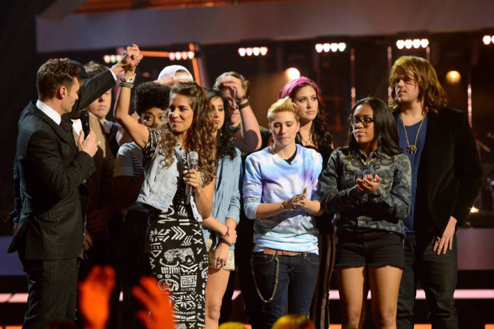 Emily Piriz (second from left) is eliminated on AMERICAN IDOL XIII