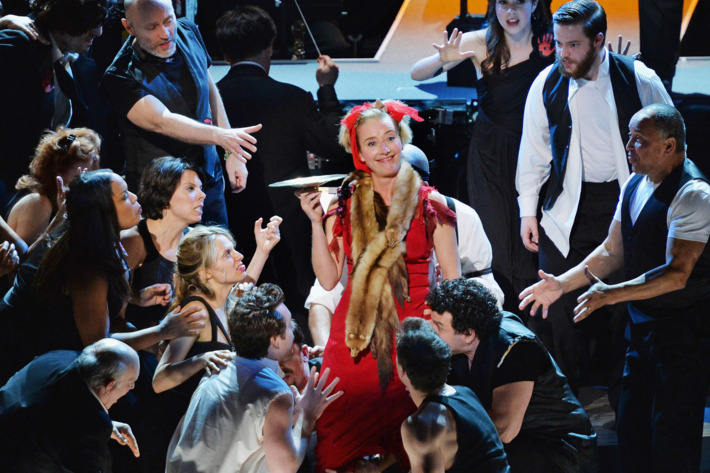 Actress Emma Thompson (C) performs at the 2014 The New York Philharmonic Spring Gala featuring "Sweeney Todd: The Demon Barber of Fleet Street" at Josie Robertson Plaza at Lincoln Center on March 5, 2014 in New York City.