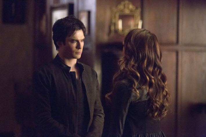 The Vampire Diaries -- "Gone Girl" -- Image Number: VD515a_0065.jpg -- Pictured (L-R): Ian Somerhalder as Damon and Nina Dobrev as Katherine (back to camera) -- Photo: Blake Tyers/The CW -- © 2014 The CW Network, LLC. All rights reserved