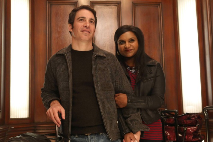 THE MINDY PROJECT: Mindy (Mindy Kaling, R) and Danny (Chris Messina, L) return from Los Angeles in Part One of the one-hour "French Me, You Idiot/Indian BBW" Spring Premiere episode of THE MINDY PROJECT airing at a special time Tuesday, April 1 (9:00-10:00 PM ET/PT) on FOX. ?2014 Fox. ?2014 Fox Broadcasting Co. Cr: Beth Dubber/FOX