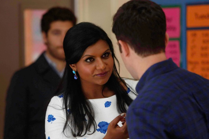 THE MINDY PROJECT: Mindy (Mindy Kaling, C) and Peter (Adam Pally, L) pay Lee (guest star Max Greenfield, R) a surprise visit in the "Think Like a Peter" time period premiere episode of THE MINDY PROJECT airing Tuesday, April 15 (9:30-10:00 PM ET/PT) on FOX.