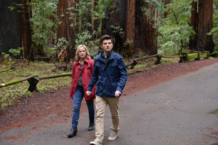 PARKS AND RECREATION -- "Moving Up" Episode 621/622 -- Pictured: (l-r) Amy Poehler as Leslie Knope, Adam Scott as Ben Wyatt -- (Photo by: Steve Jennings/NBC)