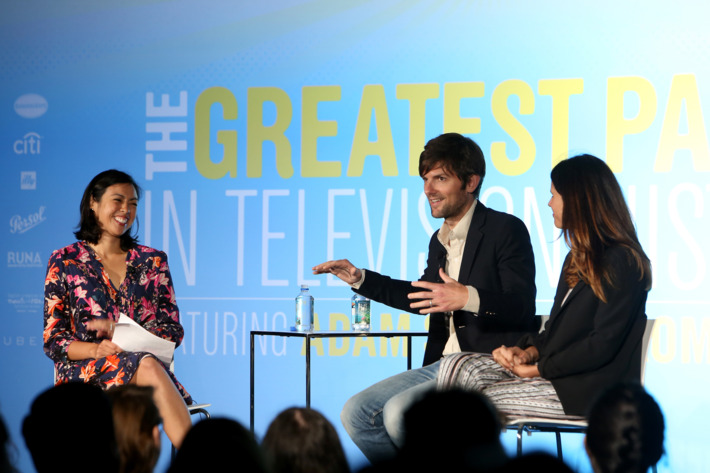NEW YORK, NY - MAY 10: (L-R) Denise Martin, Adam Scott and Naomi Scott speak onstage during Vulture Festival presented by New York Magazine at Milk Studios on May 10, 2014 in New York City. (Photo by Anna Webber/Getty Images for New York Magazine)