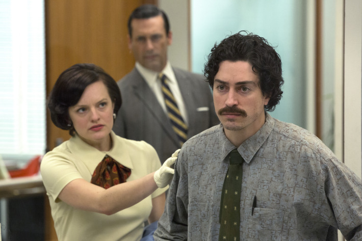 Elisabeth Moss as Peggy Olson, Jon Hamm as Don Draper and Ben Feldman as Michael Ginsberg - Mad Men _ Season 7, Episode 5 - Photo Credit: Michael Yarish/AMC