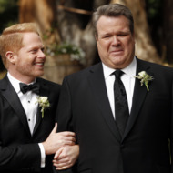 MODERN FAMILY - "The Wedding, Part 1" - Mitch and Cam's big day is finally here and nothing can ruin it, until nothing turns into a whole lot of somethings and puts wedding planner extraordinaire Pepper Saltzman (guest star Nathan Lane) to the test. Meanwhile, Jay and Gloria host the Tuckers, Phil squeezes in an eye procedure before the festivities and Claire embraces her role as "best woman," on "Modern Family," WEDNESDAY, MAY 14 (9:00-9:31 p.m., ET), on the ABC Television Network. (ABC/Peter "Hopper" Stone)JESSE TYLER FERGUSON, ERIC STONESTREET