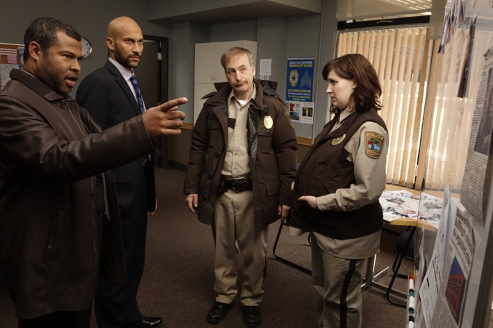 FARGO "A Fox, A Rabbit, and A Cabbage" -- Episode 109 -- Airs Tuesday, June 10, 10:00 pm e/p) -- Pictured: (L-R) Jordan Peele as Agent Pepper, Keegan-Michael Key as Agent Budge, Bob Odenkirk as Bill Oswalt, Allison Tolman as Molly Solverson -- CR: Chris Large/FX
