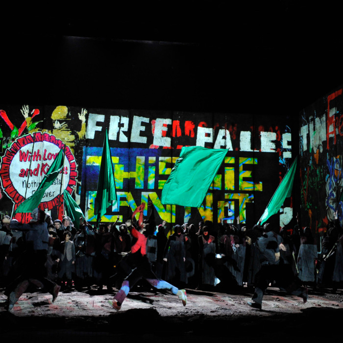 Artists of the company in the English National Opera's production of John Adams The Death of Klinghoffer directed by Tom Morris and conducted by Baldur Bronnimann at the London Coliseum.