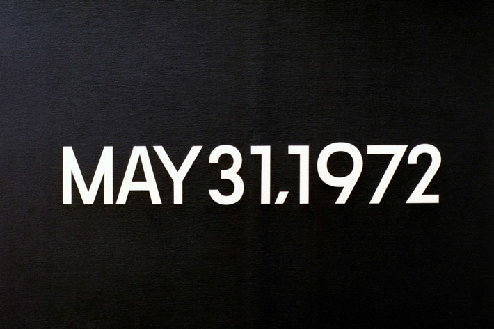Kawara, On; Japanese artist; born 1933.-"May 31, 1972" (Israeli Leaders called today for a boycott of Beirut by international airlines). Today series, no. 43, 1972. Liquitex on canvas, 45.5 x 61.5 cm. FER Collection, Ulm, Germany.