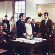 SEINFELD -- "The Finale: Part 1&2" Episode 23 & 24 -- Pictured: (l-r) Phil Morris as Jackie Chiles, Jerry Seinfeld as Jerry Seinfeld, Julia Louis-Dreyfus as Elaine Benes, Jason Alexander as George Costanza, Michael Richards as Cosmo Kramer (Photo by Joseph Del Valle/NBC/NBCU Photo Bank via Getty Images)