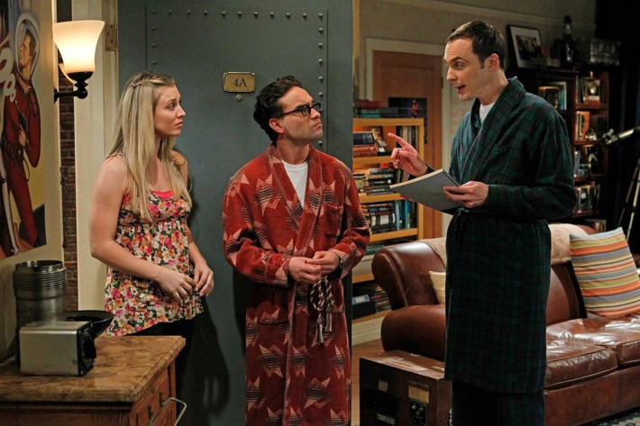 Sheldon (Jim Parsons, right) does not approve when Penny (Kaley Cuoco, left) asks Leonard (Johnny Galecki, center) to lie to her father on THE BIG BANG THEORY.