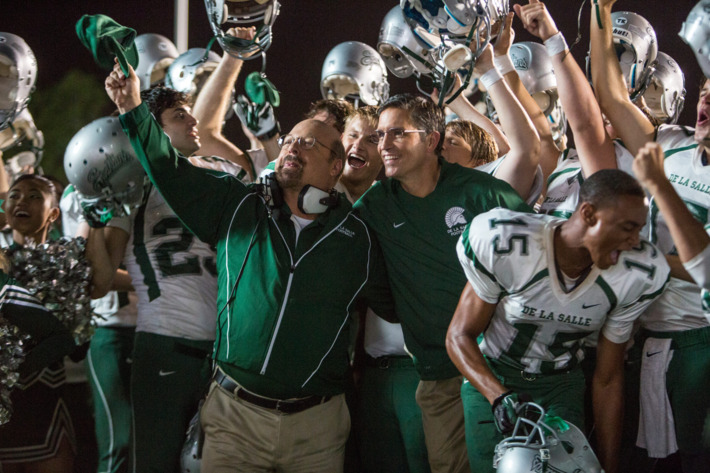 Jim Caviezel (center-right), Alexander Ludwig (center) and Michael Chiklis (center-left) star in TriStar Pictures' WHEN THE GAME STANDS TALL.