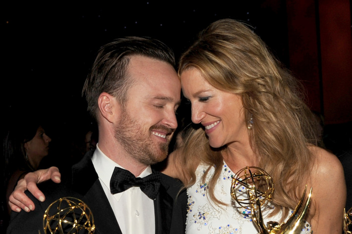 LOS ANGELES, CA - AUGUST 25: Actors Aaron Paul (L), winner of the award for Outstanding Supporting Actor in a Drama Series, and Anna Gunn, winner of the award for Outstanding Supporting Actress in a Drama Series, for the show 'Breaking Bad', attend the 66th Annual Primetime Emmy Awards Governors Ball held at Los Angeles Convention Center on August 25, 2014 in Los Angeles, California. (Photo by Kevin Winter/Getty Images)