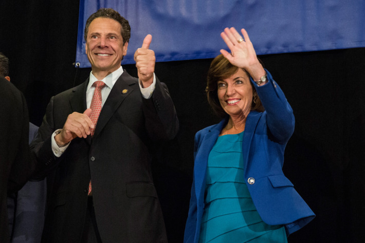 NEW YORK, NY - SEPTEMBER 08: New York Governor Andrew Cuomo (L) and his choice for Lieutenant Governor, former congresswoman Kathy Hochul, campaign together at the Hotel Trade Council during a reelection campaign event on September 8, 2014 in New York City. New York State voters will vote in the primary election tomorrow, September 9; Governor Cuomo is hoping to beat out unexpected challenger Zephyr Teachout to gain the democratic bid. (Photo by Andrew Burton/Getty Images)