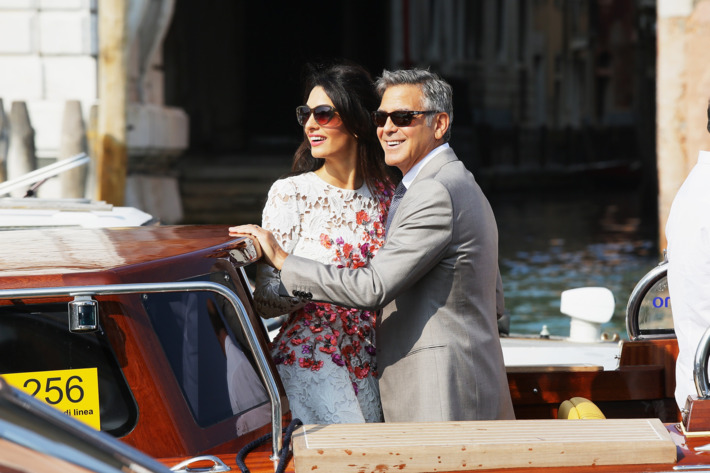 VENICE, ITALY - SEPTEMBER 28: Actor George Clooney and Amal Alamuddin sighting at Canal Grande on September 28, 2014 in Venice, Italy. (Photo by Ernesto Ruscio/GC Images)