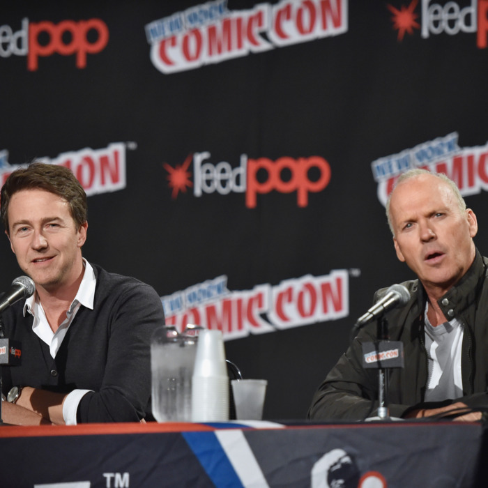 NEW YORK, NY - OCTOBER 10: Actors Edward Norton (L) and Michael Keaton discuss their new movie 'Birdman' at 2014 New York Comic Con - Day 2 at Jacob Javitz Center on October 10, 2014 in New York City. (Photo by Mike Coppola/Getty Images)