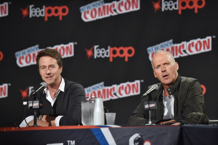 NEW YORK, NY - OCTOBER 10: Actors Edward Norton (L) and Michael Keaton discuss their new movie 'Birdman' at 2014 New York Comic Con - Day 2 at Jacob Javitz Center on October 10, 2014 in New York City. (Photo by Mike Coppola/Getty Images)