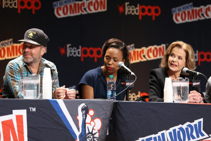 NEW YORK, NY - OCTOBER 10: (L-R) H. Jon Benjamin, Aisha Taylor and Jesica Walter speak during the 'Archer' panel at the 2014 New York Comic Con at Jacob Javitz Center on October 10, 2014 in New York City. (Photo by Neilson Barnard/Getty Images)