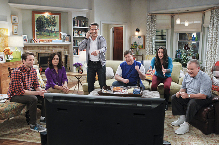 ????Pilot???? -- THE McCARTHYS is a comedy about a loud, sports-crazed Boston family whose somewhat athletically-challenged son, Ronny, is chosen by his father to be his assistant high school basketball coach, to the surprise of his more qualified siblings. THE MCCARTHYS will premiere this Fall, Thursdays (9:30-10:00 PM ET/PT) on the CBS Television Network. Pictured left to right: Tyler Ritter as Ronny, Laurie Metcalf as Marjorie, Joey McIntyre as Gerard, Jimmy Dunn as Sean, Kelen Coleman as Jackie and Jack McGee as Arthur. Photo: Sonja Flemming/CBS ???2014 CBS Broadcasting, Inc. All Rights Reserved