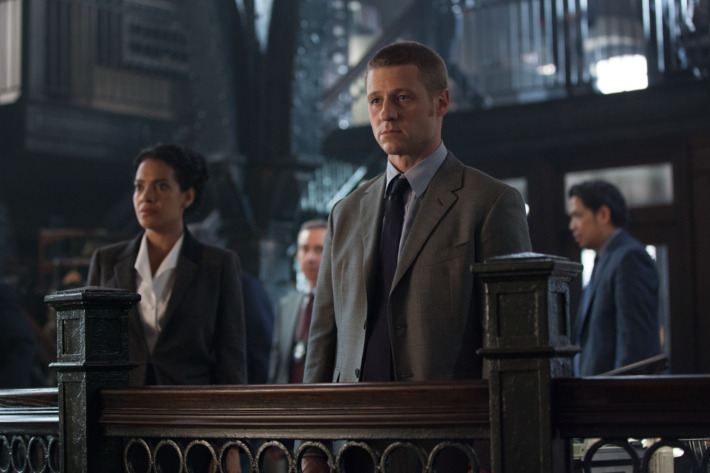 GOTHAM: An unwelcome visitor searches for Detective James Gordon (Ben McKenzie, R) at the GCPD in the "Penguin's Umbrella" episode of GOTHAM airing Monday, Nov. 3 (8:00-9:00 PM ET/PT) on FOX. Also pictured: Zabryna Guevara. ?2014 Fox Broadcasting Co. Cr: Jessica Miglio/FOX